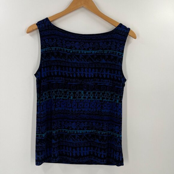 Chico's Travelers 1/M Tank Shell Top Acetate Slinky Stretch Knit Blue Print - Picture 1 of 7